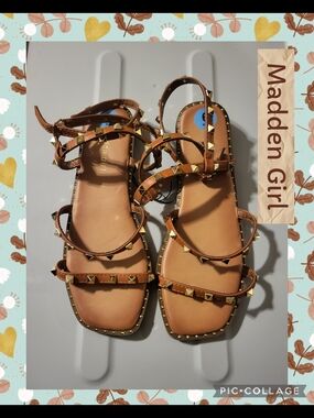 Madden Girl Brown Pyramid-Stud Strappy Sandals